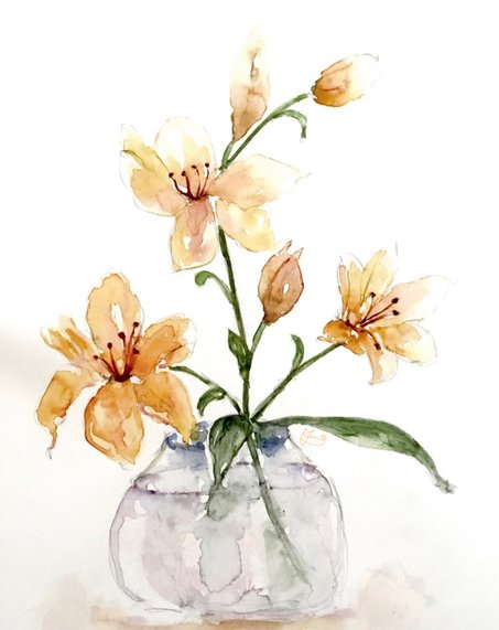 Yellow lillies. Watercolour by June Rydgren