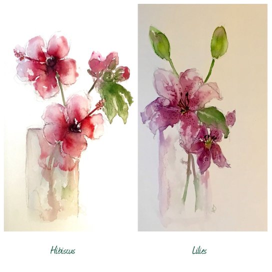 Hibiscus and Lilies, watercolour paintings by June Rydgren