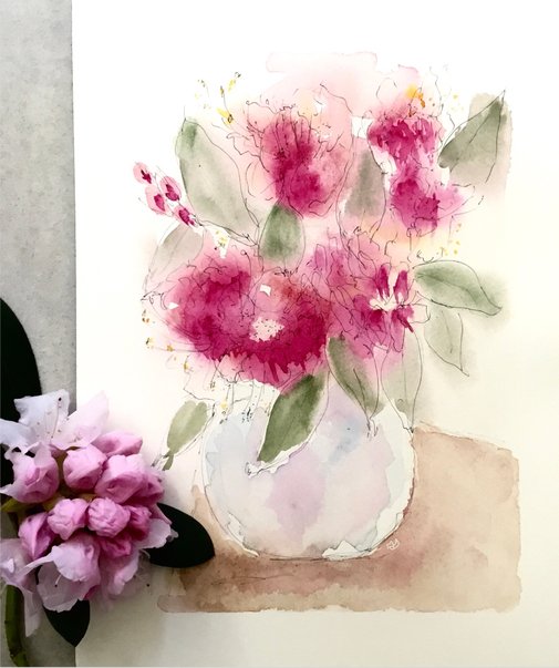 Rhododendron i a Vase. Watercolour painting.