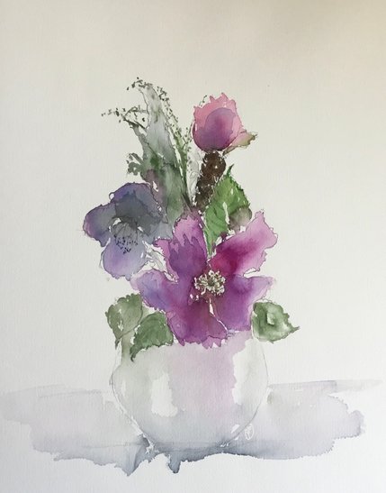 Appleblossom in vase. Watercolour by June Rydgren
